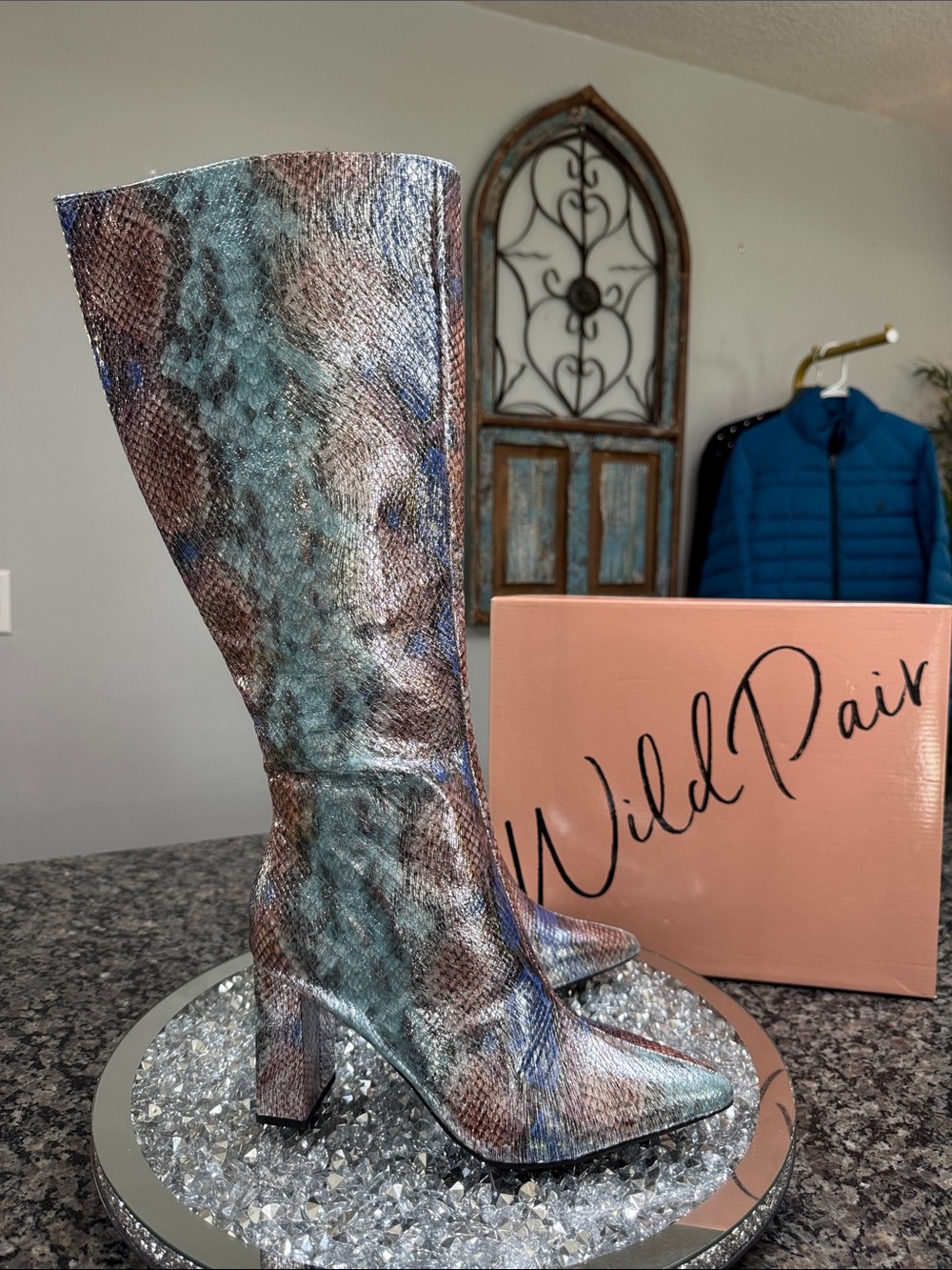 Wild Pair Metallic Teal silver Brown Snakeskin Knee block heel Boots NEW 7.5